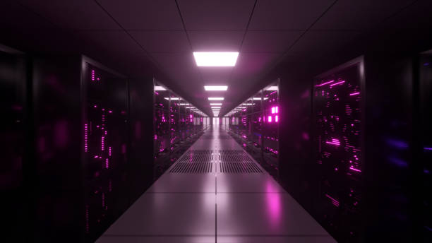 istock Digital data transmission to data servers behind glass panels in a data center server room. High speed digital lines. 3d illustration 1326585604