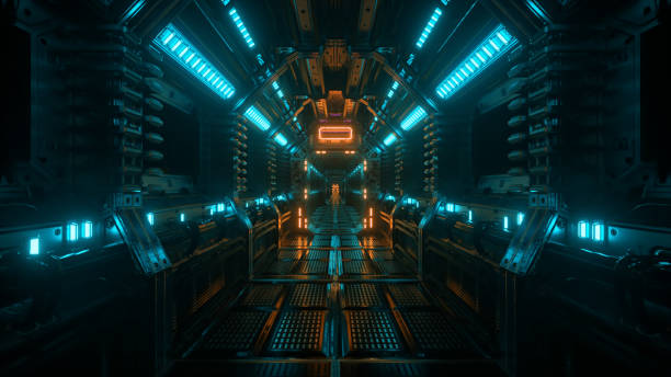 istock Flying into spaceship tunnel, sci-fi spaceship corridor. Futuristic technology for technical titles and backgrounds. Internet traffic graphics, speed. 33d illustration 1326585614