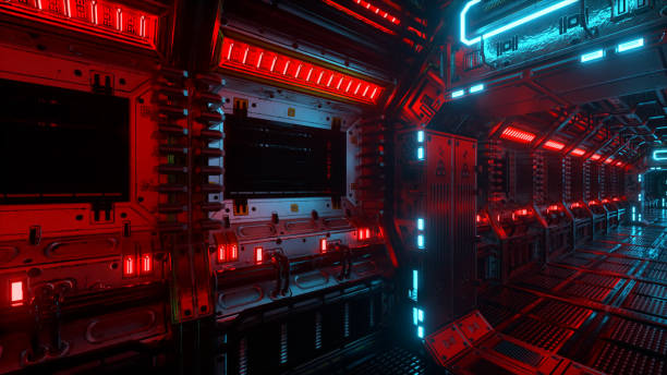 istock Flying into spaceship tunnel, sci-fi spaceship corridor. Futuristic technology for technical titles and backgrounds. Internet traffic graphics, speed. 33d illustration 1326585757