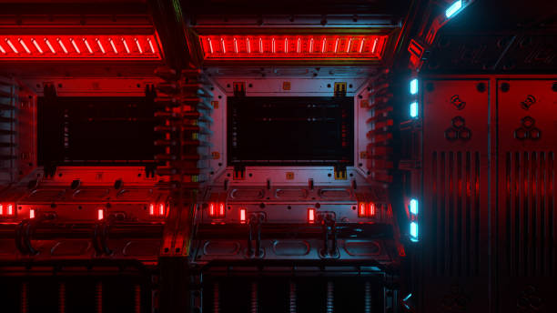 istock Flying into spaceship tunnel, sci-fi spaceship corridor. Futuristic technology for technical titles and backgrounds. Internet traffic graphics, speed. 33d illustration 1326586091