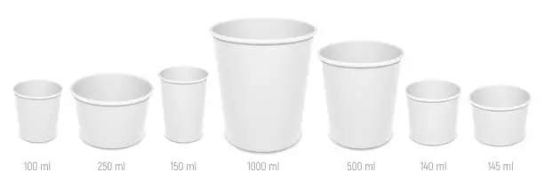 Vector illustration of Set of vector realistic blank disposable ice cream buckets, cups and bowls. Different sizes of paper open empty food containers mockup.