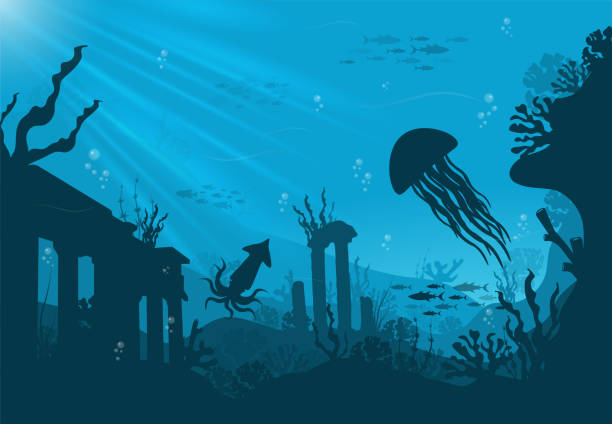 istock Silhouette of coral reef with fish and scuba diver on a blue sea background. 1326591647