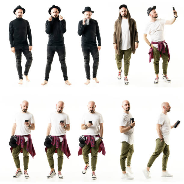 istock Set of young modern man wearing various styles clothes using phone. 1326606055