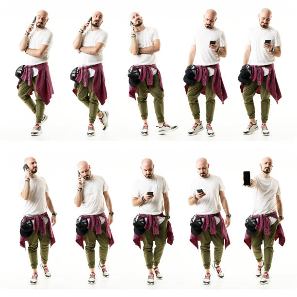 istock Collection of bald modern style man using or talking on cell phone various interactions. 1326606065