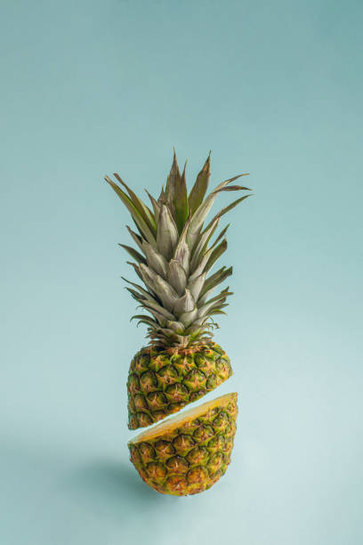 Creative tropical fruit idea with cut raw organic pineapple on bright blue background. Minimalistic vertical arrangement, summer vibes and food concept.