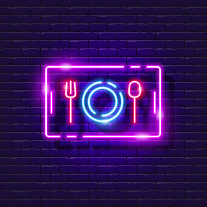 Tray with plate and cutlery neon sign. Food in the school cafeteria glowing icon. Vector illustration for design. Fast food concept