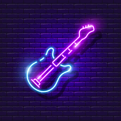 Guitar neon sign. School Music Band Glowing Icon. Vector illustration for design. Musical instruments concept