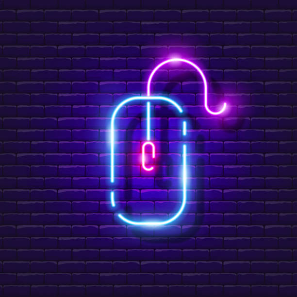 Computer mouse neon sign. Computer Hardware Glowing Icon. Vector illustration for design. Office concept. Computer mouse neon sign. Computer Hardware Glowing Icon. Vector illustration for design. Office concept man and machine stock illustrations