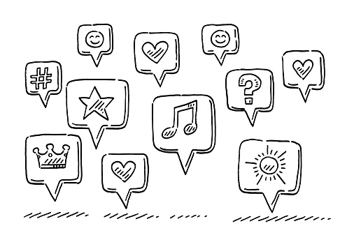 Hand-drawn vector drawing of a Group Of Social Media Symbols. Black-and-White sketch on a transparent background (.eps-file). Included files are EPS (v10) and Hi-Res JPG.