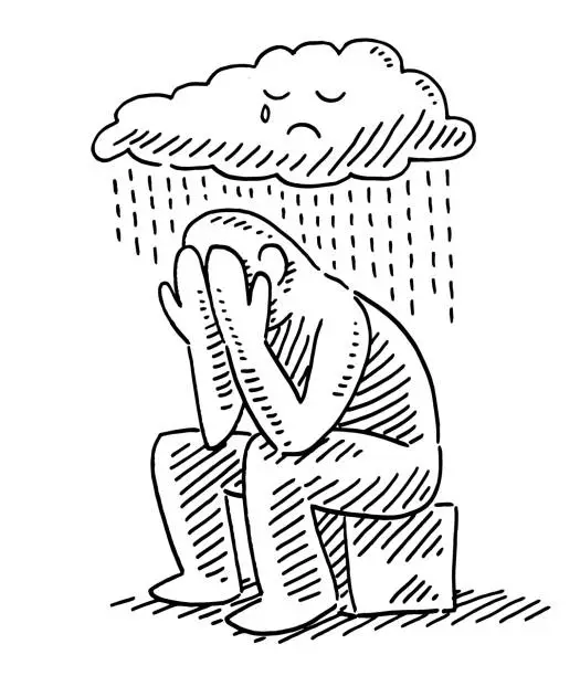 Vector illustration of Sad Human Figure Sitting Under Rain Cloud Drawing