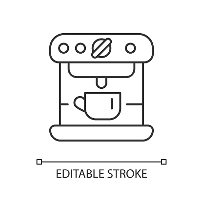 Espresso machine linear icon. Commercial appliance for cafe. Barista accessories. Thin line customizable illustration. Contour symbol. Vector isolated outline drawing. Editable stroke