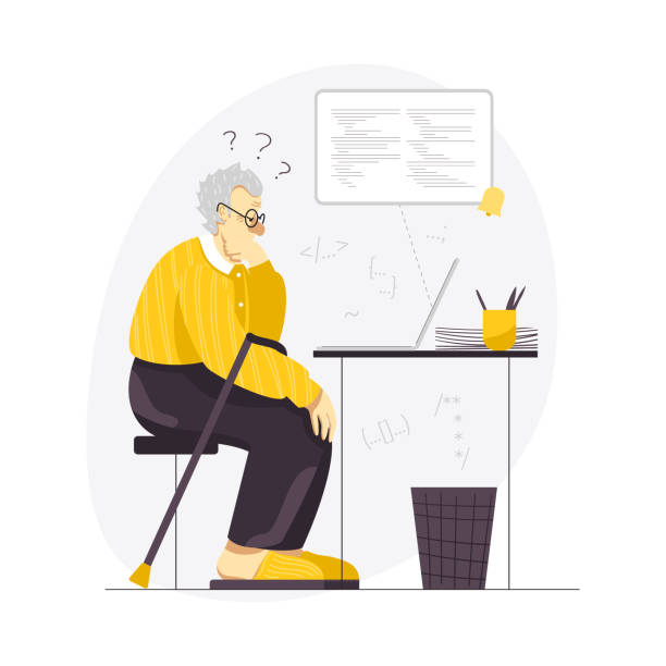 Elderly coder working on troubleshooting from home Vector illustration of an elderly male coder working on a laptop from home. A senior man working on troubleshooting. An old programmer facing errors in a code thinking how to fix them. Active ageing. stuck in room stock illustrations