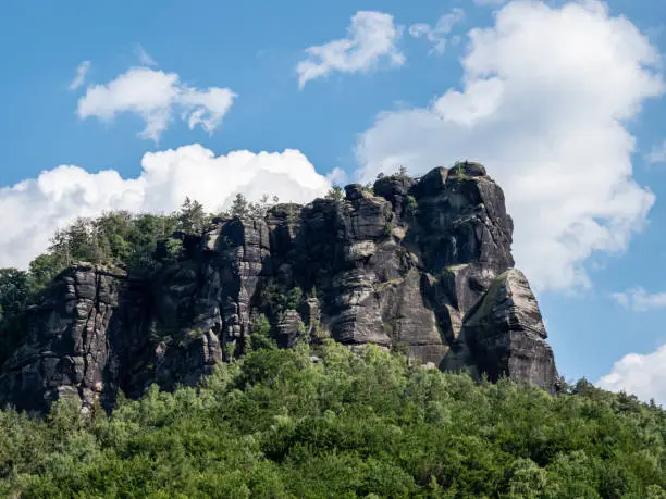 View of the Lilienstein climbing rock in the Elbe Sandstone Mountains in Saxony