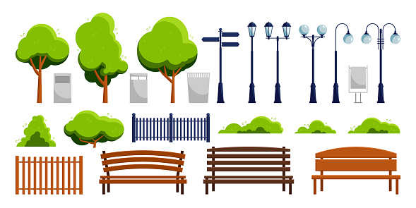 Street lights and signpost, trash benches and bins, trees and bushes. Vector flat illustration