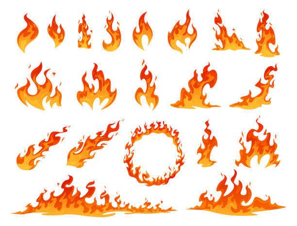 Collection of red and orange cartoon fire flame vector. Flammable fireball, circle, inferno light Collection of red and orange cartoon fire flame vector flat illustration. Set of hot flaming elements different shapes isolated. Blaze energy bonfire burn. Flammable fireball, circle, inferno light fire stock illustrations