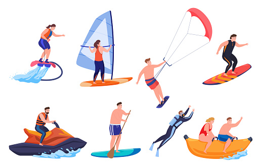 Collection of people enjoying beach sport vector. Set of man and woman performing extreme outdoor summer activity isolated. Swimming leisure, surfing, diving, riding water scooter, windsurfing