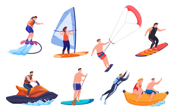 Collection of people enjoying beach sport vector performing extreme outdoor summer activity Collection of people enjoying beach sport vector. Set of man and woman performing extreme outdoor summer activity isolated. Swimming leisure, surfing, diving, riding water scooter, windsurfing person diving into water stock illustrations