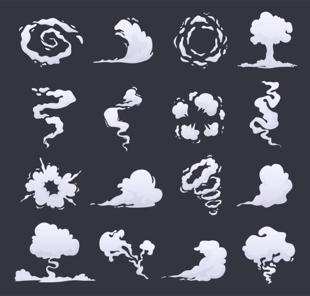 Collection of cartoon smoke vector flat illustration. Fragrance wind explosion, swirl or bomb effect Collection of cartoon smoke vector flat illustration. Set of different steam clouds, puff, mist, fog, watery vapour or dust explosion. Fragrance wind explosion, swirl or bomb effect smoke physical structure stock illustrations