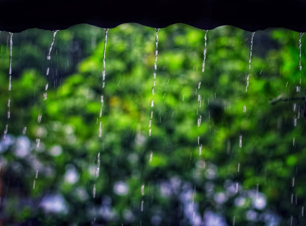 istock Raining outside with green background. Raining on a soil house rooftop. Raindrops with beautiful green background. 1326615188