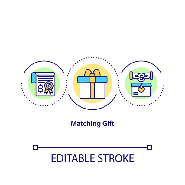 Matching gift concept icon Matching gift concept icon. Giving money to charity organizations. Valuable present. Fund increase. Charity idea thin line illustration. Vector isolated outline color drawing. Editable stroke coordination stock illustrations