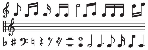 noten gesetzt. musik simbol. musicnotes-symbole. schwarzer höhenschlüssel, note, scharf, natürlich, flach, maß, bar, stab und andere. musiknoten-symbole - stock-vektor. - note stock-grafiken, -clipart, -cartoons und -symbole