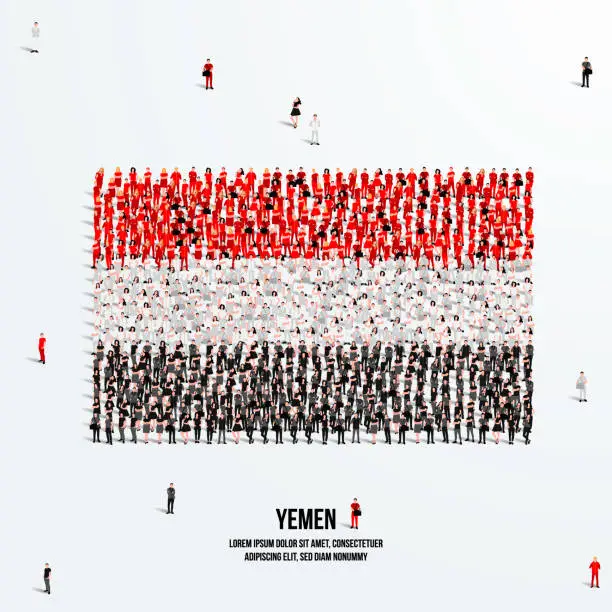 Vector illustration of Yemen Flag. A large group of people form to create the shape of the Yemen flag. Vector Illustration.