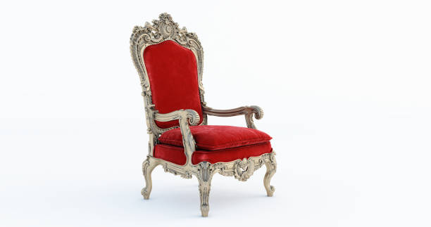 3D render of Classic baroque armchair throne in bronze and red colors isolated on white background. 3D render of Classic baroque armchair throne in bronze and red colors isolated on white background. throne stock pictures, royalty-free photos & images