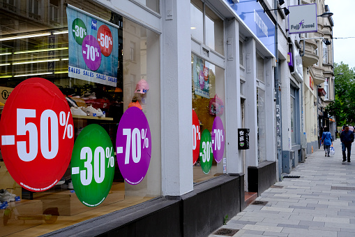 A sale sign outside a retail shop during the summer sales in Brussels, Belgium on July 1st, 2021.