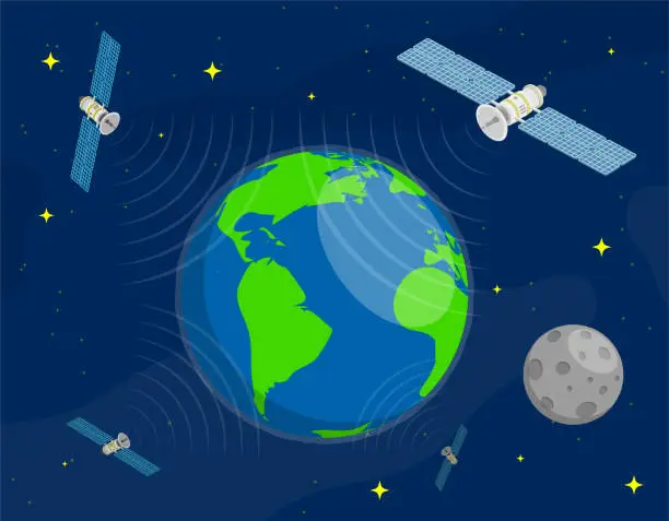 Vector illustration of Satellites fly in orbit around planet Earth in space and transmit communication signal. Satellite communication and GPS navigation. Cartoon vector