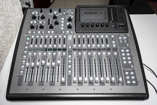 Base professional audio mixing console. Sound mixing board.
