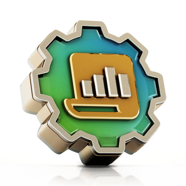Gold bar chart symbol on gear shaped button isolated on white background. 3D illustration.