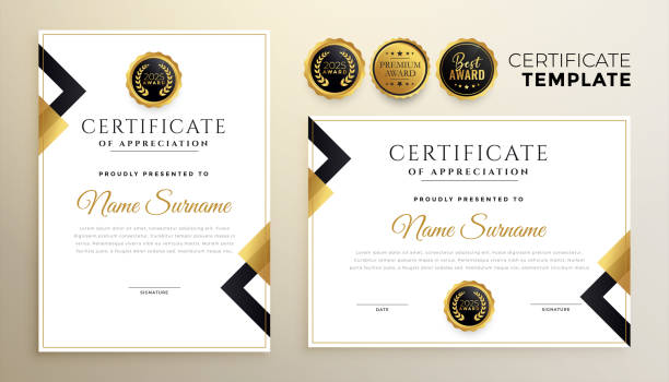 illustrazioni stock, clip art, cartoni animati e icone di tendenza di modello di certificato diploma d'oro in stile premium - diploma