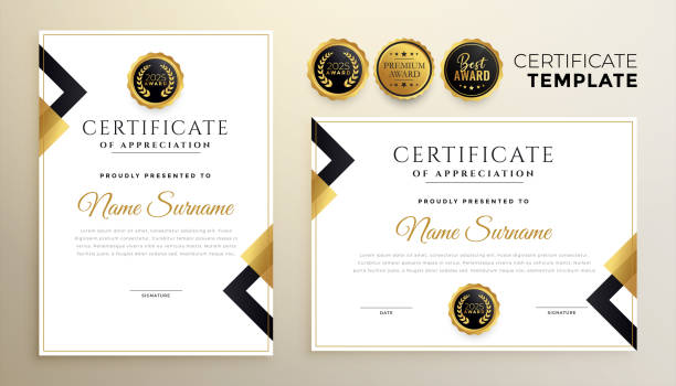 złoty wzór certyfikatu dyplomowego w stylu premium - certified stock illustrations