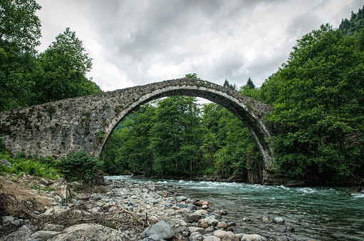 arched ancient stone bridge and a mountain river with rapids. Landscape of the Pontic mountains in Turkey. Picturesque architecture of Mediterranean civilization