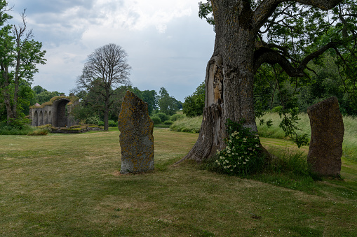 Alvastra, Sweden - 20 June, 2021: large obelisk boulders with the ruins of the Alvastra Abbey in the background