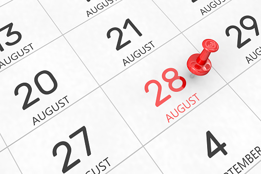3d rendering of important days concept. August 28th. Day 28 of month. Red date written and pinned on a calendar. Summer month, day of the year. Remind you an important event or possibility.
