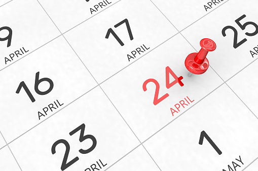 3d rendering of important days concept. April 24th. Day 24 of month. Red date written and pinned on a calendar. Spring month, day of the year. Remind you an important event or possibility.