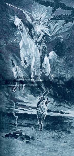 istock Germanic god Wodan rides across the sky, accompanied on earth by two wolves, Wotan, Ring der Nibelungen 1326625908