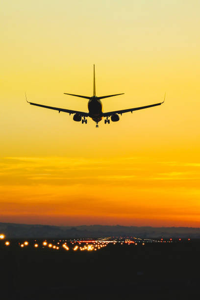 istock Airplane landing on the runway during sunset and dusk 1326627199