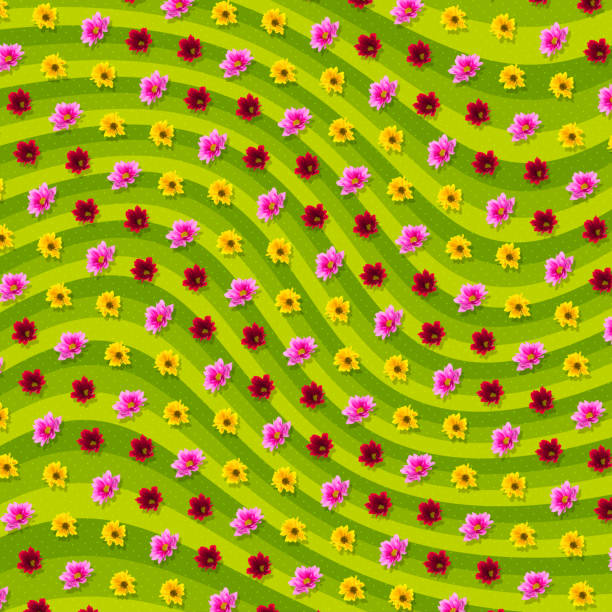 ilustrações de stock, clip art, desenhos animados e ícones de creative pattern of colorful flowers on bright green background. contemporary art, flat lay design - psychedelic funky yellow orange