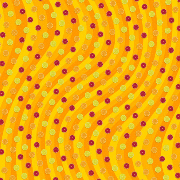 творческий узор из красочных ломтиков апельсина и грейпфрута на ярко-желтом фоне. современное искусство, плоский дизайн заложить - psychedelic funky yellow orange stock illustrations