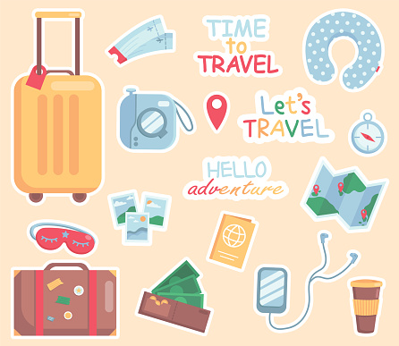 Collection of colorful stickers. Set of travel items. Time to travel