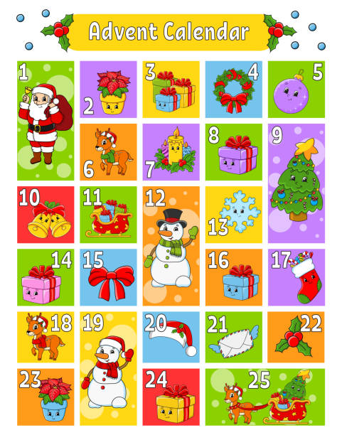 istock Christmas advent calendar with cute characters. Santa claus, deer, snowman, fir tree, snowflake, gift, bauble, sock. Cartoon style. With numbers 1 to 25. Vector illustration. Holiday preparation. 1326631097