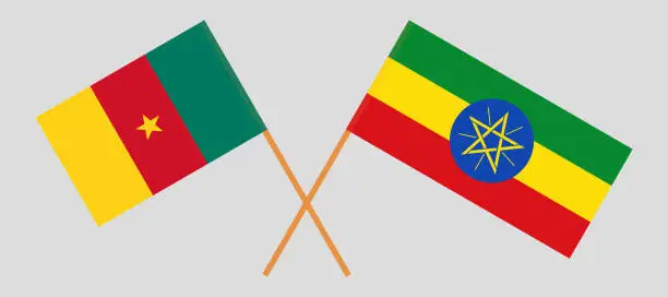 Vector illustration of Crossed flags of Cameroon and Ethiopia. Official colors. Correct proportion