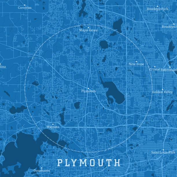ilustraciones, imágenes clip art, dibujos animados e iconos de stock de plymouth mn city vector road map texto azul - plymouth massachusetts