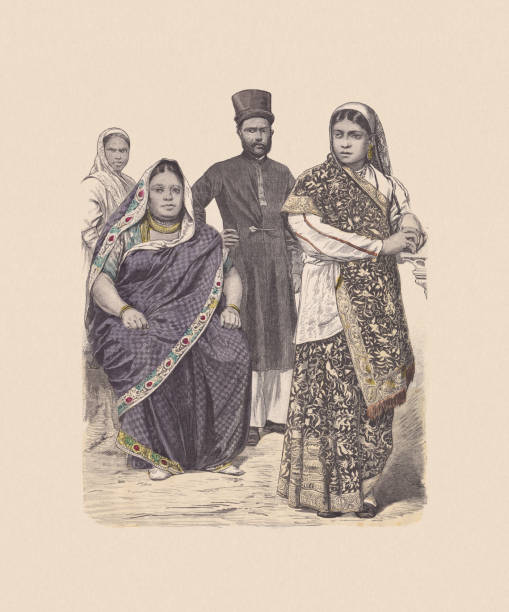 19th century, Asian costumes: Parsis from India (Singapore and Mumbai). Hand colored wood engraving, published ca. 1880.