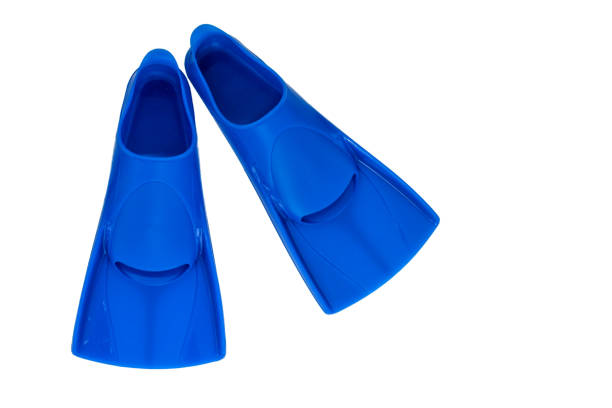 Blue flippers on a white background. Baner Flat lay. Copy space