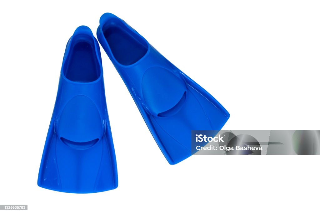 Blue flippers on a white background. Baner Flat lay. Copy space Blue flippers on a white background. Baner Flat lay. Copy space. Diving Flipper Stock Photo