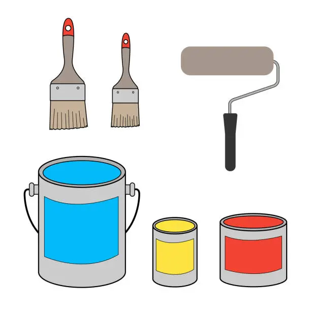 Vector illustration of A set of paint cans - red, blue, yellow. Brushes and roller. Vector illustration