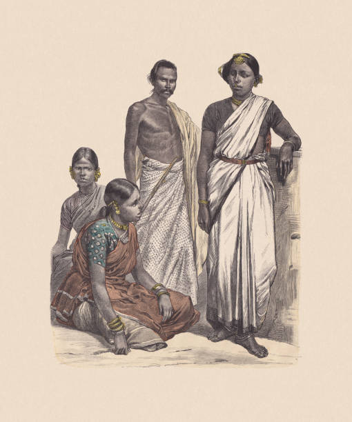 19th century, Asian costumes: Indian Hindus (Klings, Telingas). Hand colored wood engraving, published ca. 1880.